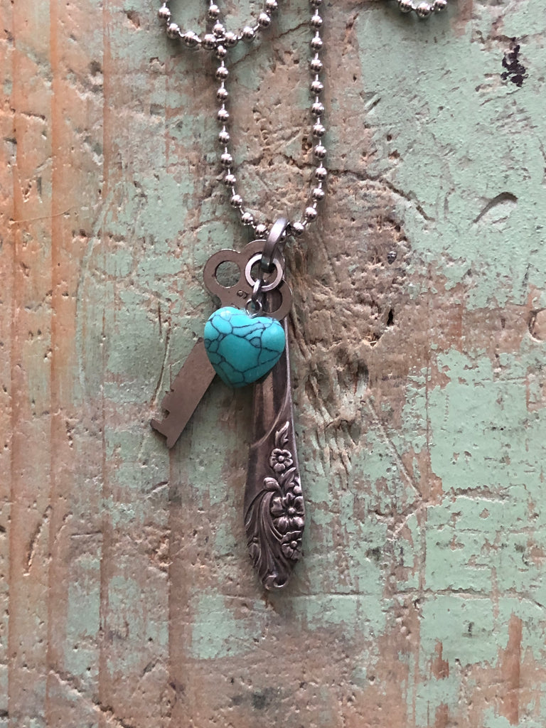 vintage silverware pendant/turquoise heart