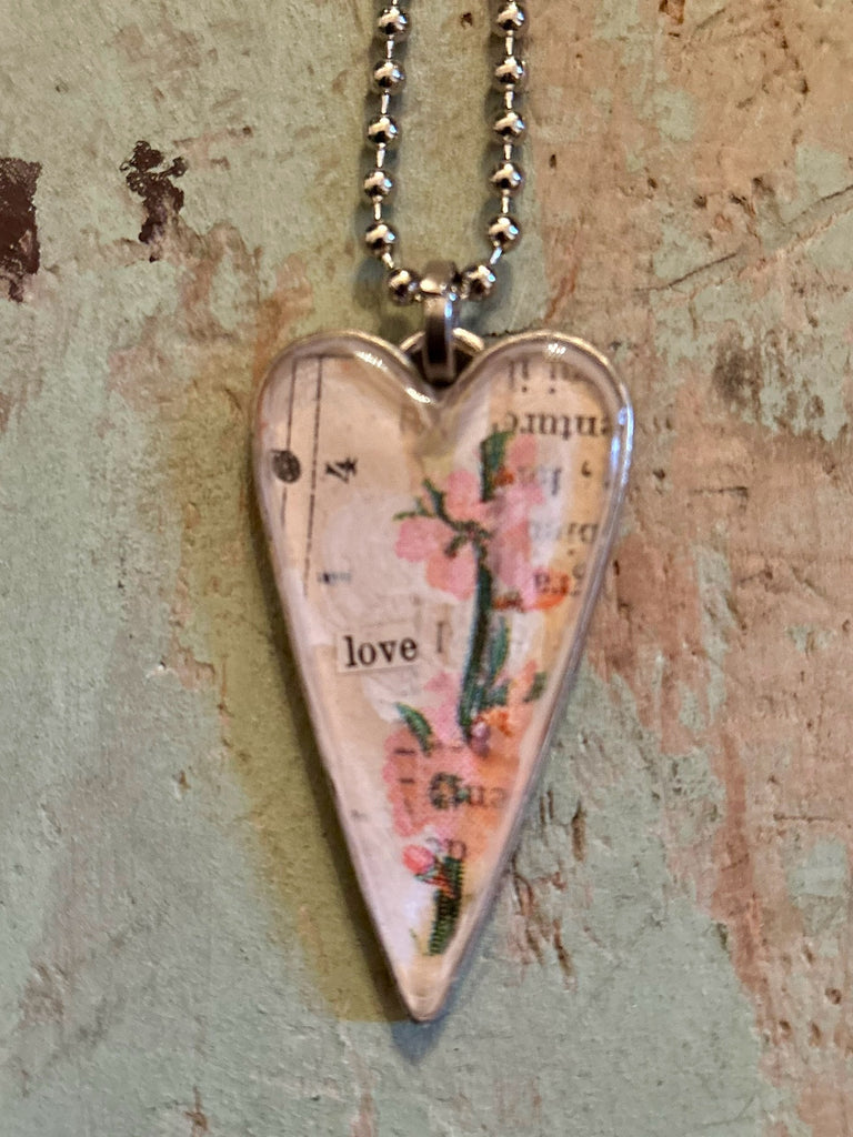 silver long pink floral “love” pendant #4