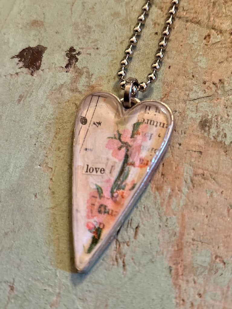 silver long pink floral “love” pendant #4