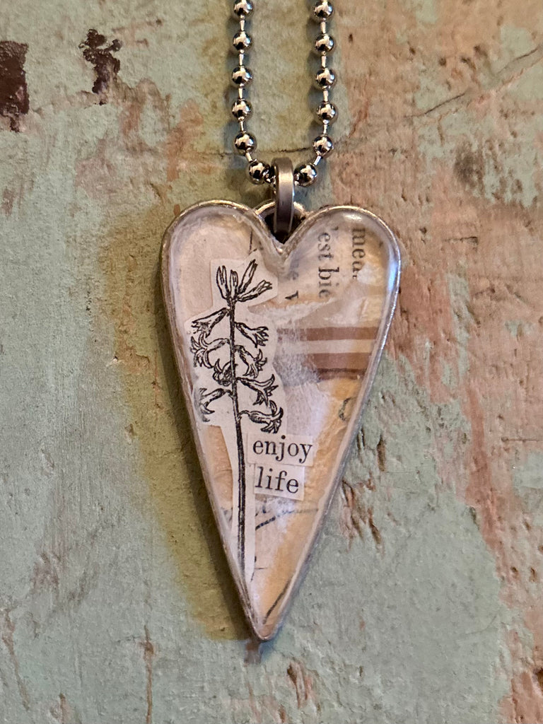 silver long “enjoy life” heart pendant #2