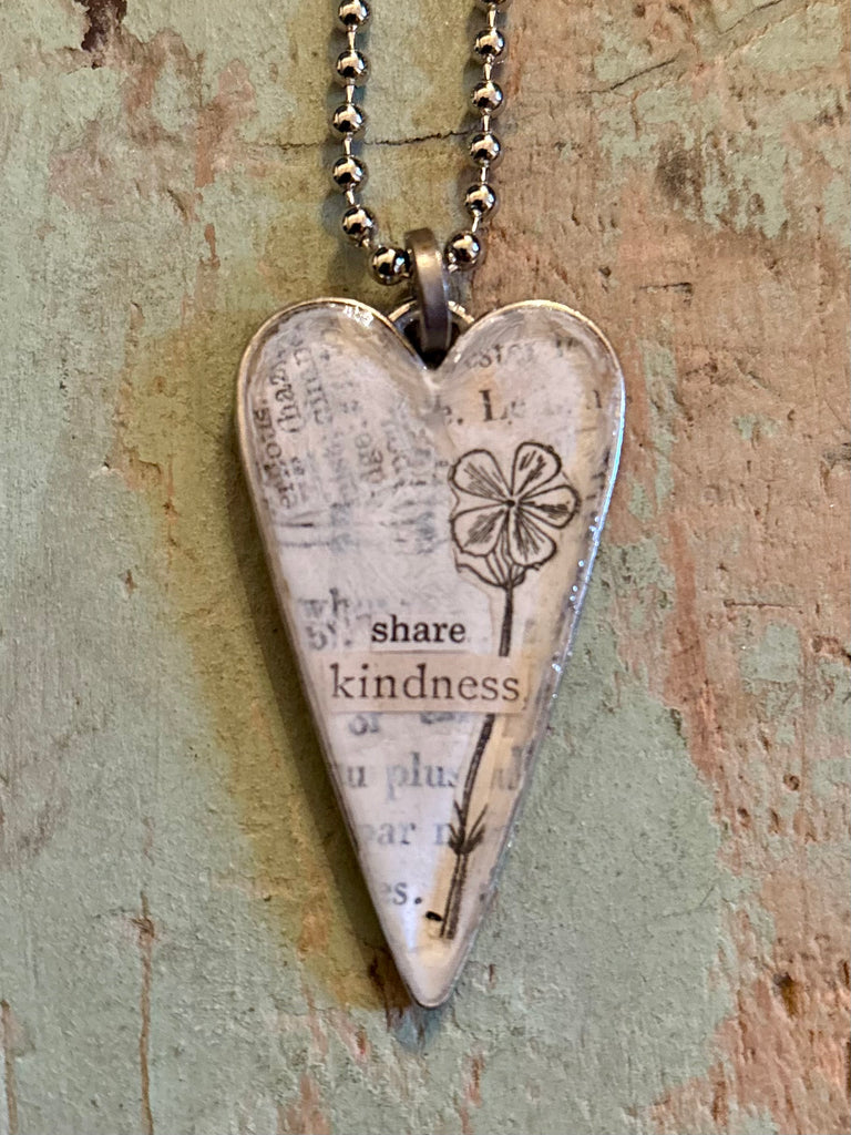silver long “share kindness” heart pendant #3